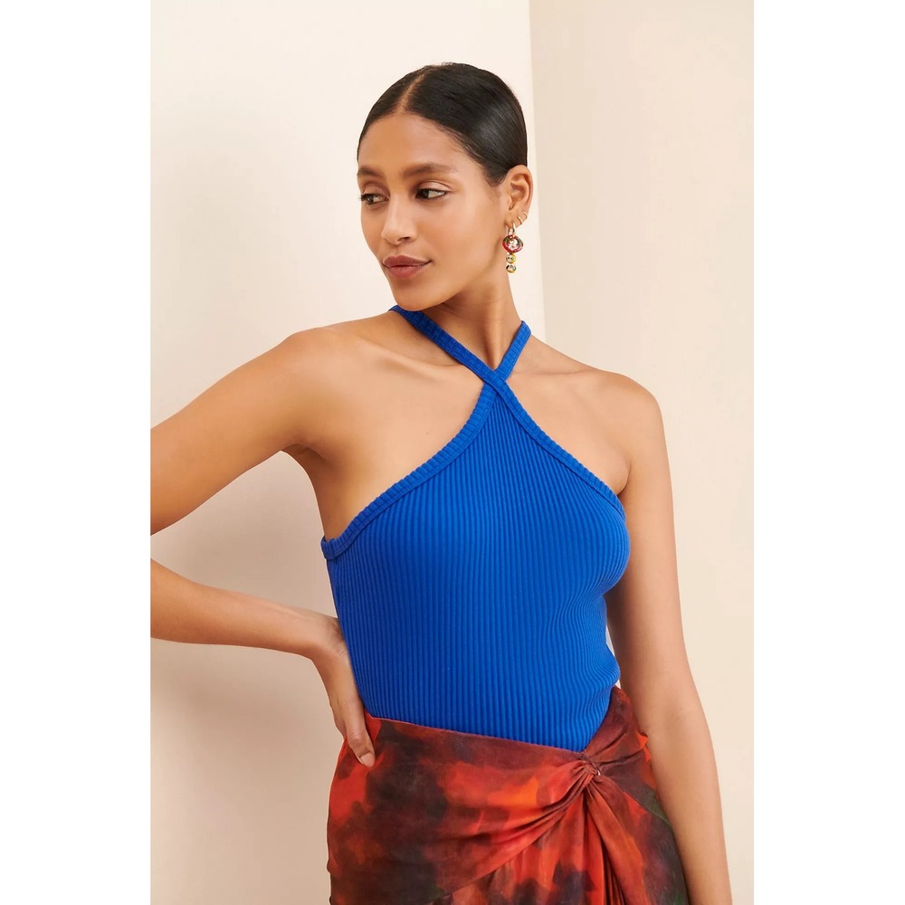 Anthropologie TLA Ribbed Halter Top XS Blue Coastal Basic‎ Resortwear Summer